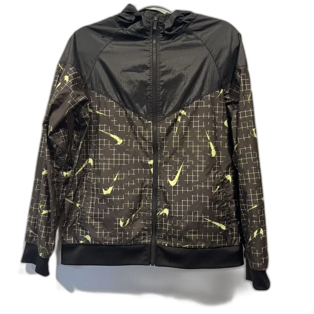 Nike Sportswear Windrunner Jacket Kids XL Black Neon Yellow Swoosh Print Hooded